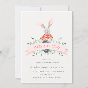 Cute Pink Bunny Foliage Any Age Birthday Invite