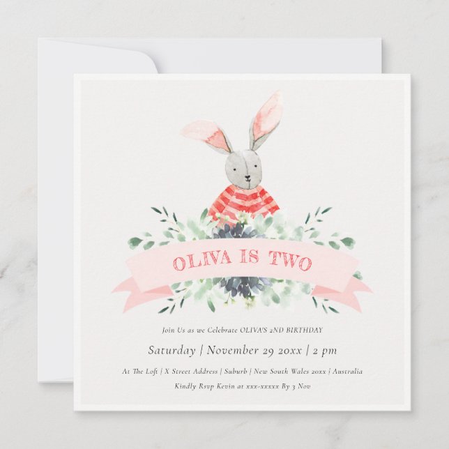 Cute Pink Bunny Foliage Any Age Birthday Invite (Front)