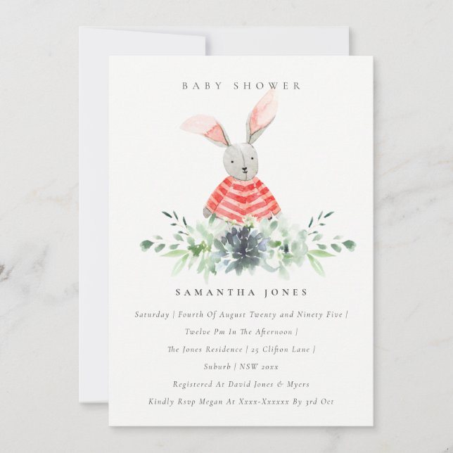 Cute Pink Bunny Garden Foliage Baby Shower Invite (Front)