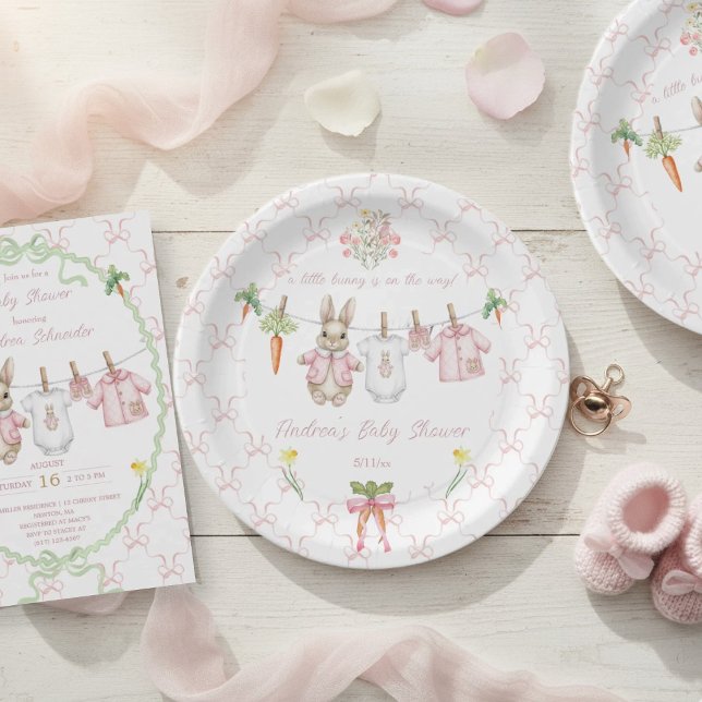 Cute Pink Bunny Girl Clothesline Baby Shower  Paper Plate (Creator Uploaded)