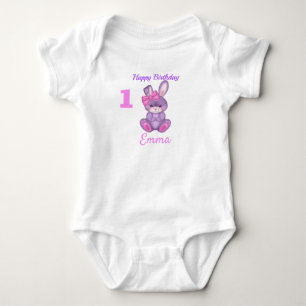 Cute Pink Bunny Girls Birthday Name & Age Baby Bodysuit