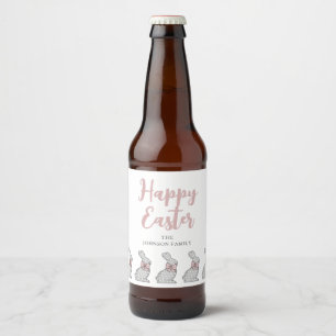 Cute Pink Bunny Happy Easter Beer Bottle Label
