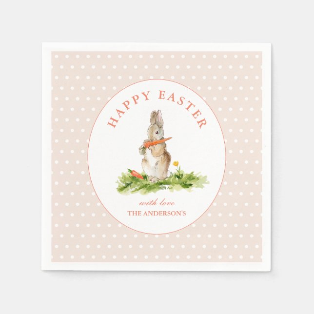 Cute Pink Bunny Happy Easter Paper Napkin (Front)