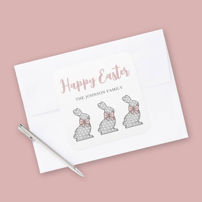 Cute Pink Bunny Happy Easter  Square Sticker (Cute Pink Bunny Happy Easter Square Sticker)