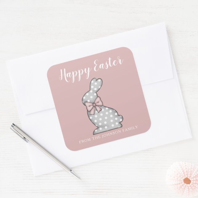 Cute Pink Bunny Happy Easter Square Sticker (Envelope)