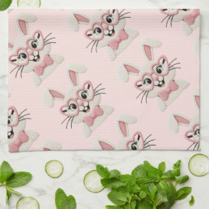Cute Pink Bunny Heart Glasses  Tea Towel