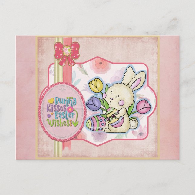 Cute Pink Bunny Kisses Easter Wishes Postcard (Front)