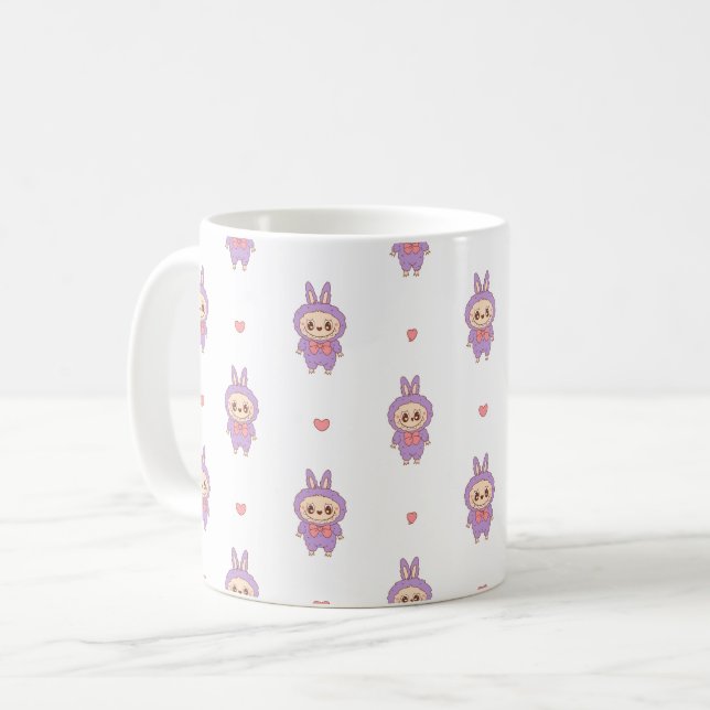 Cute Pink Bunny Monster Holding Heart – Kawaii Lov Coffee Mug (Front Left)