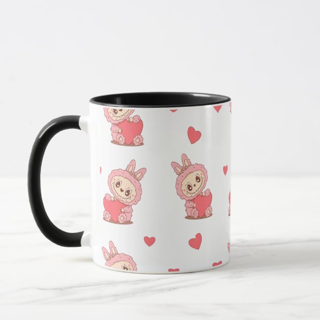 Cute Pink Bunny Monster Holding Heart – Kawaii Lov Mug (Left)