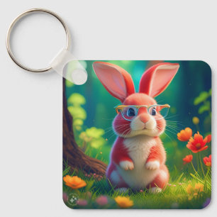 Cute Pink Bunny on Green Grass Key Ring