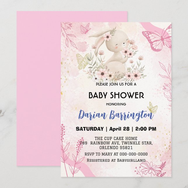 Cute pink bunny rabbit flower baby girl shower invitation (Front/Back)