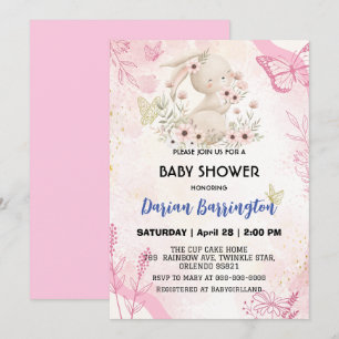 Cute pink bunny rabbit flower baby girl shower invitation