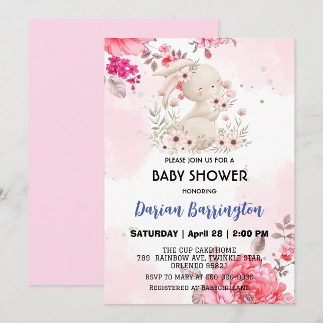Cute pink bunny rabbit flower baby girl shower invitation (Front/Back)