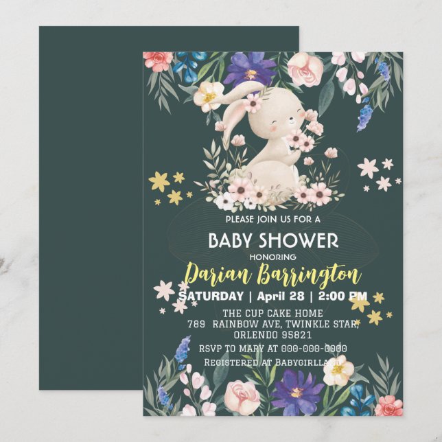 Cute pink bunny rabbit flowers baby girl shower invitation (Front/Back)
