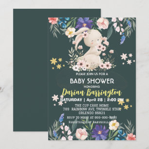 Cute pink bunny rabbit flowers baby girl shower invitation