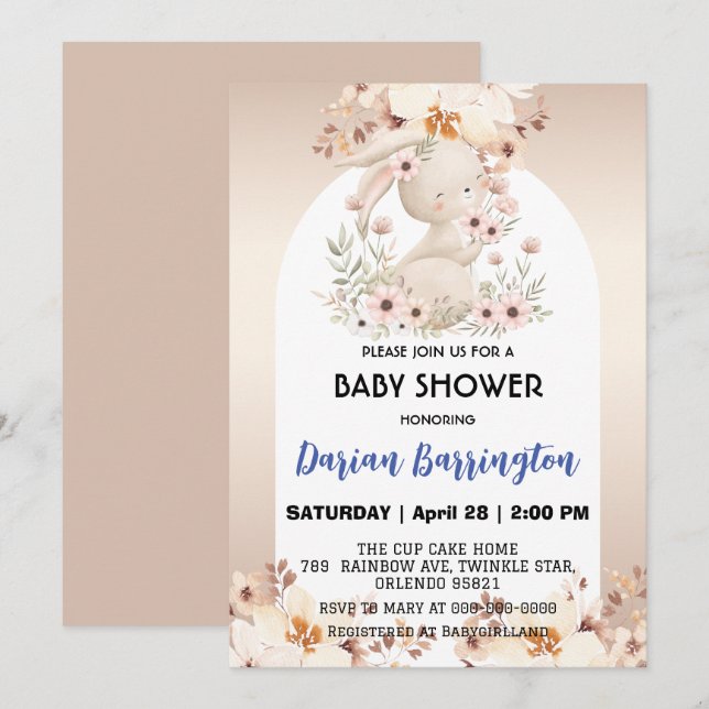 Cute pink bunny rabbit flowers baby girl shower invitation (Front/Back)