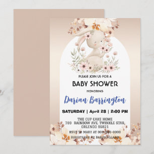 Cute pink bunny rabbit flowers baby girl shower invitation