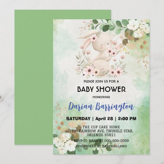 Cute pink bunny rabbit flowers baby girl shower invitation (Front/Back)