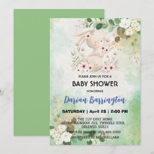Cute pink bunny rabbit flowers baby girl shower invitation