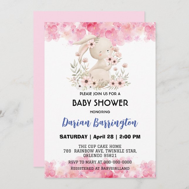 Cute pink bunny rabbit flowers baby girl shower invitation (Front/Back)