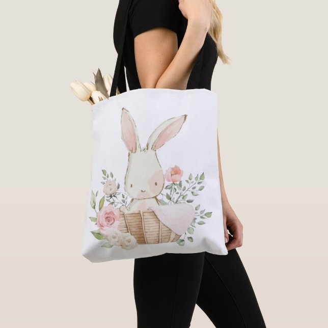 Cute Pink Bunny Rabbit in Basket Watercolors Tote Bag (Close Up)