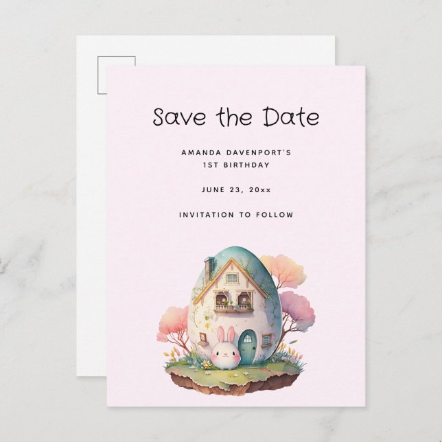 Cute Pink Bunny Rabbit Kawaii Style Save the Date Invitation Postcard (Front/Back)