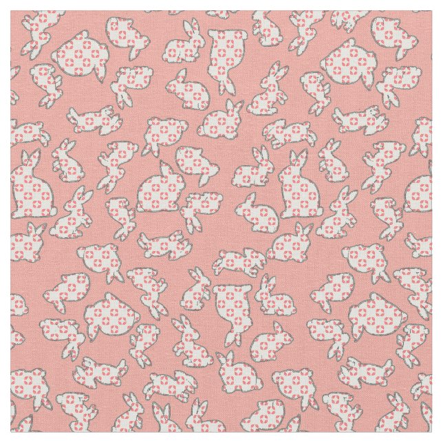 Cute Pink Bunny Rabbits Pattern Fabric (Close Up)