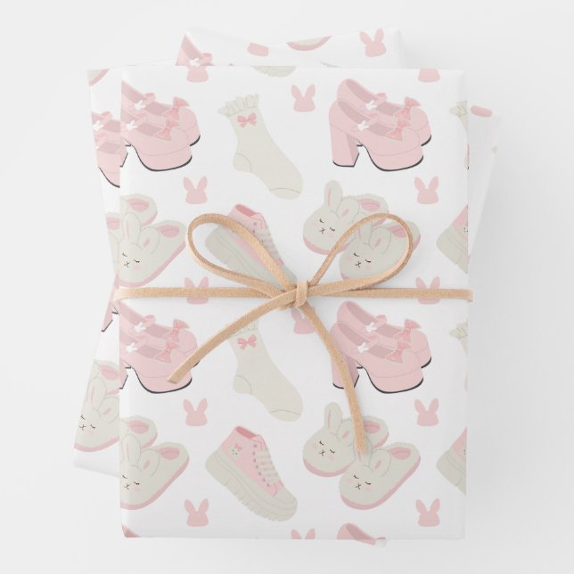 Cute Pink Bunny Shoes Pattern Wrapping Paper Sheet (In situ)