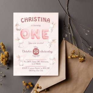 Cute pink Bunny-Themed modern pastel 1st birthday  Invitation