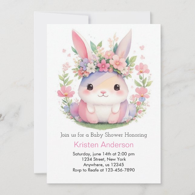 Cute Pink Bunny Wildflower Girl Baby Shower Invitation (Front)