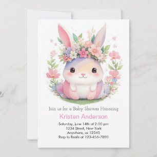 Cute Pink Bunny Wildflower Girl Baby Shower Invitation