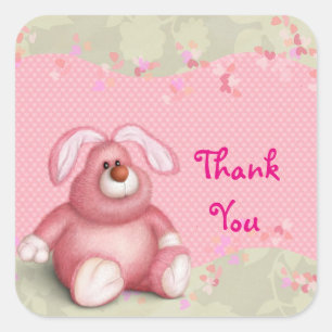 Cute Pink Bunny with Hearts Thank You Square Sticker