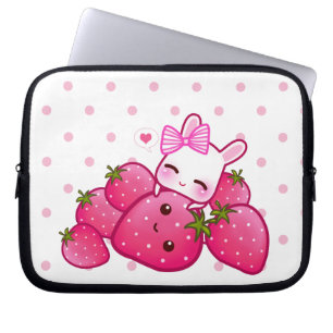 Cute pink bunny with kawaii strawberries laptop sleeve