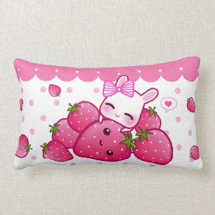 Cute pink bunny with kawaii strawberries lumbar cushion