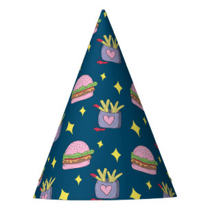 Cute Pink Burger and Fries Pattern Birthday Party Hat