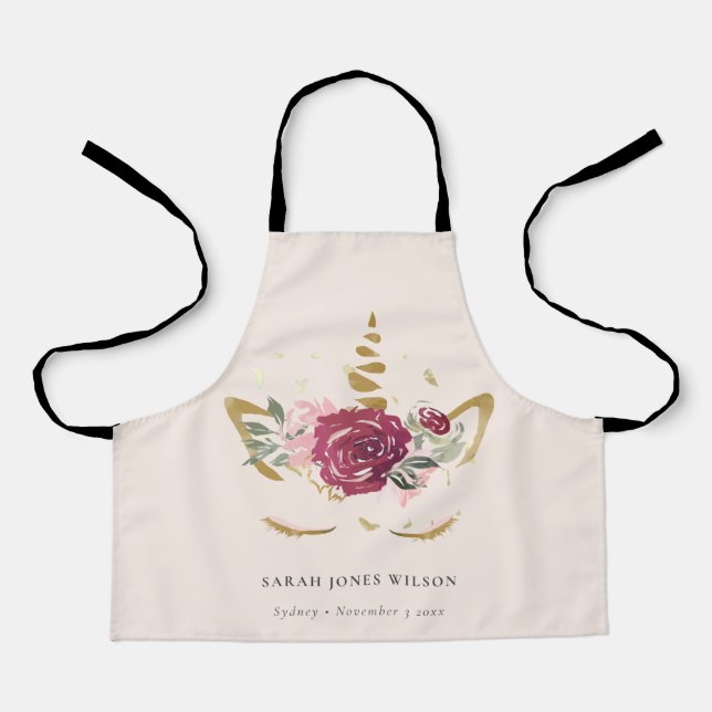 Cute Pink Burgundy Faux Gold Floral Unicorn Kids Apron (Front)