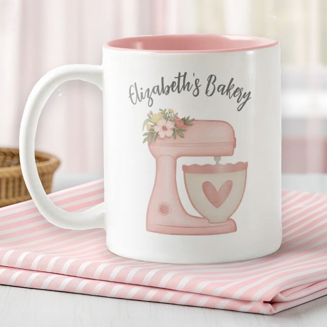 Cute Pink Business Bakery Mixer Two-Tone Coffee Mug (A cute pink bakery mug decorated with a pink floral mixer. Personalize it with your business name)