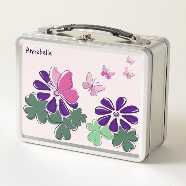Cute Pink Butterflies Green Purple Flower Doodle Metal Lunch Box (Front)