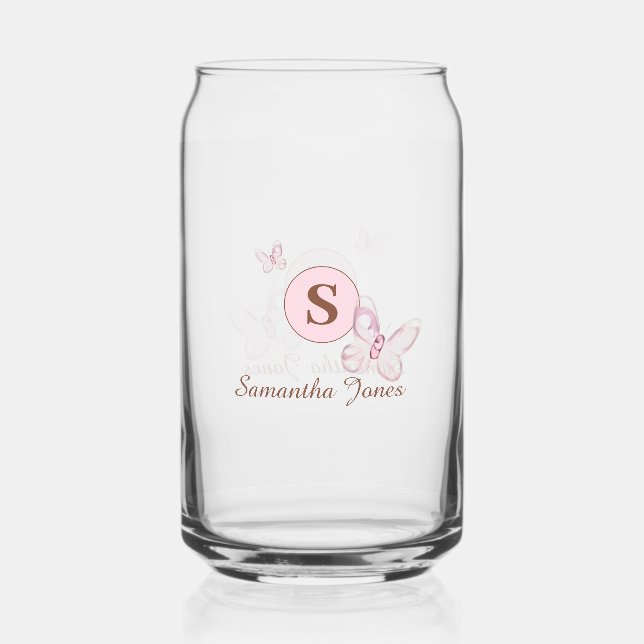 Cute Pink Butterflies Personalised Can Glass (Front)