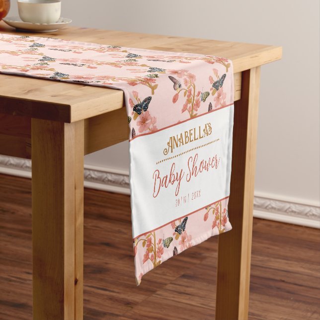 Cute Pink Butterfly Baby Shower Short Table Runner (In Situ)