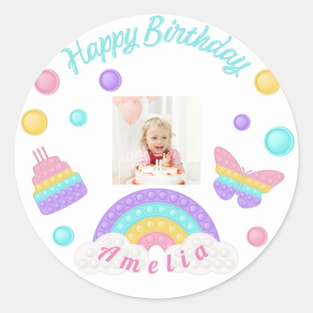 cute pink butterfly cake custom HAPPY BIRTHDAY Classic Round Sticker (Front)