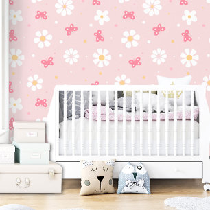 Cute Pink Butterfly Daisy Girl Kids Floral Wallpaper