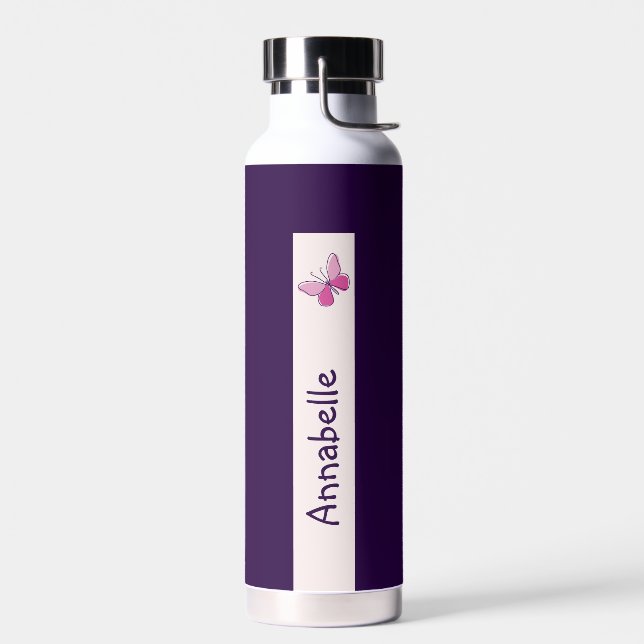 Cute Pink Butterfly Doodle Your Name Water Bottle (Left)