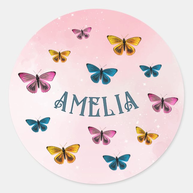 Cute Pink Butterfly Girl Birthday  Classic Round Sticker (Front)