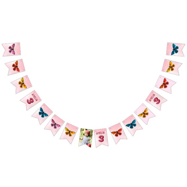 Cute Pink Butterfly Girl Birthday Party Photo Bunting (All)