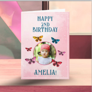 Cute Pink Butterfly Girl Birthday Party Photo Card