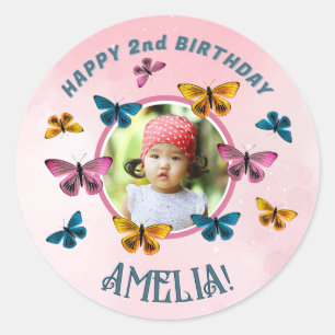 Cute Pink Butterfly Girl Birthday Party Photo Classic Round Sticker