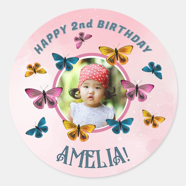 Cute Pink Butterfly Girl Birthday Party Photo Classic Round Sticker (Front)