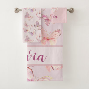 Cute Pink Butterfly Girls Personalised Towel Set