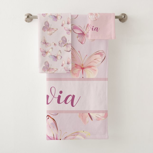 Cute Pink Butterfly Girls Personalised Towel Set (Insitu)